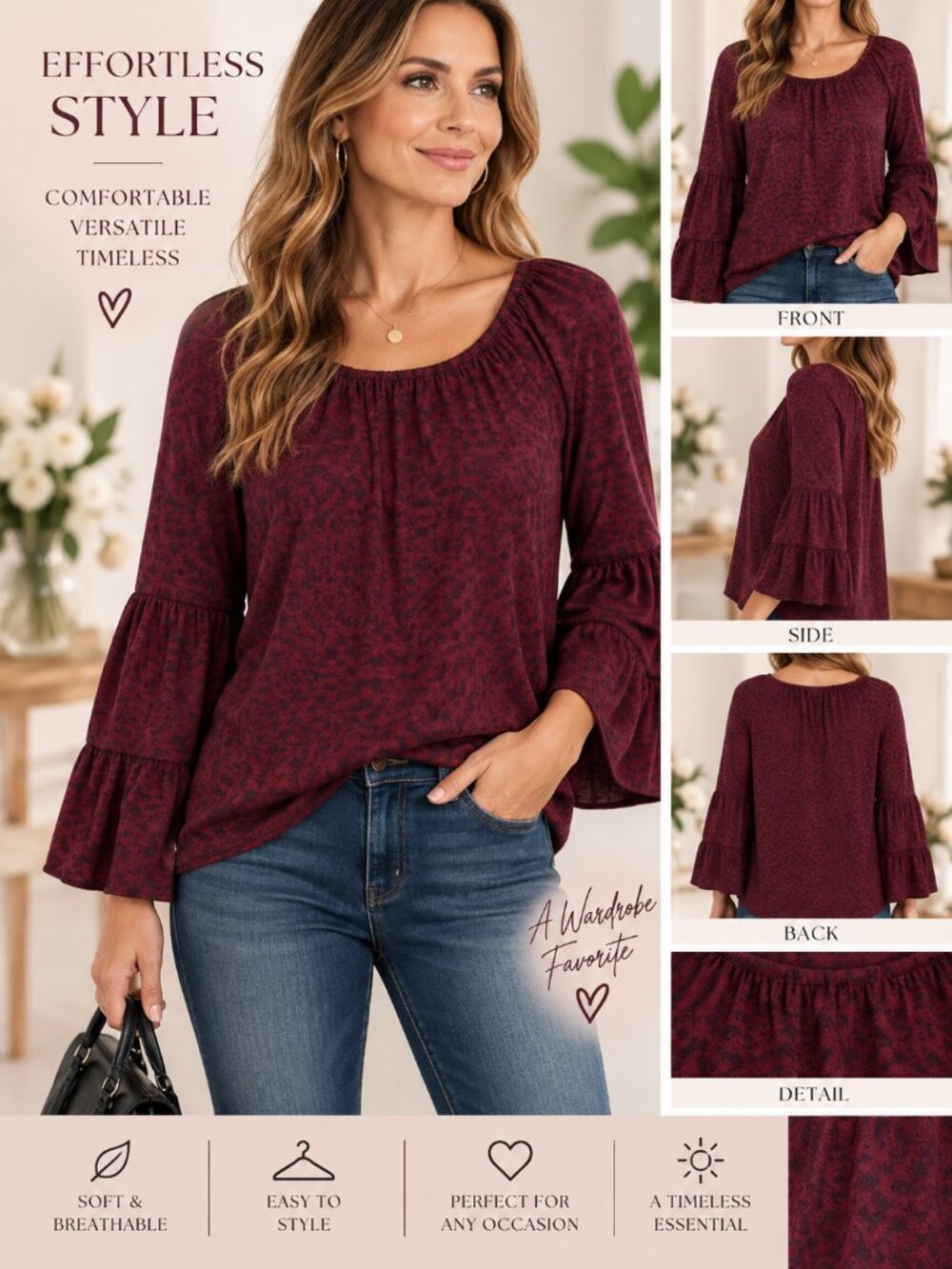 JM Collection Burgundy Leopard Print Blouse – Size Large